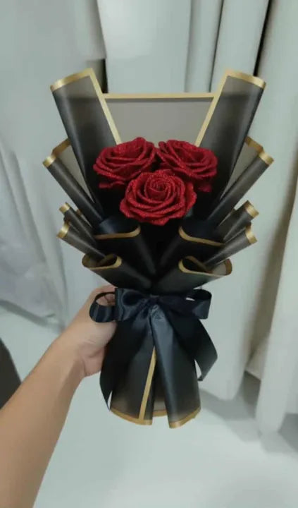 Handmade Ribbon Flower Bouquet – 3 Elegant Artificial Roses Gift Wrapped for Decoration & Gifting