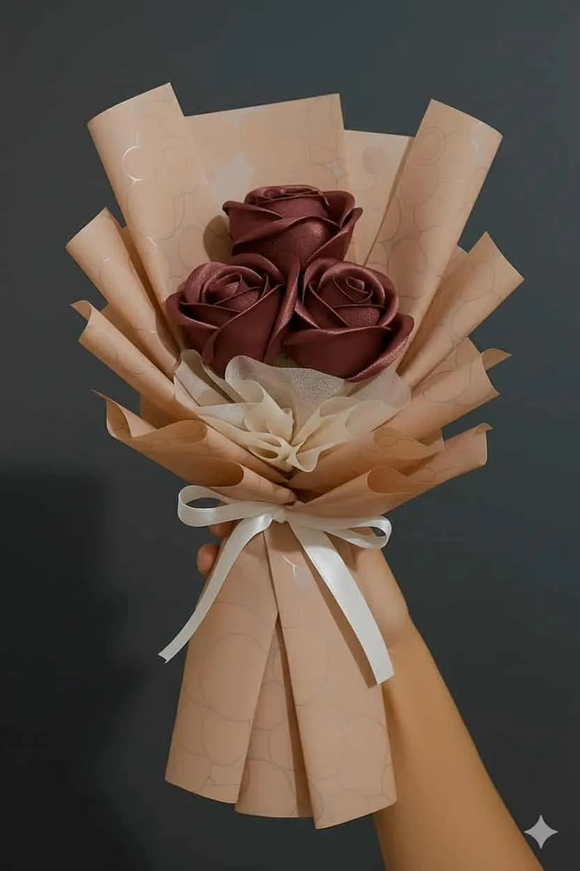 Handmade Ribbon Flower Bouquet – 3 Elegant Artificial Roses Gift Wrapped for Decoration & Gifting